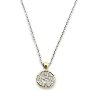 Two Tone Necklace Round Pave Initial - S - Mimmic Fashion Jewelry