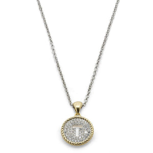 2Tone Necklace Round Pave Initial - T - Mimmic Fashion Jewelry