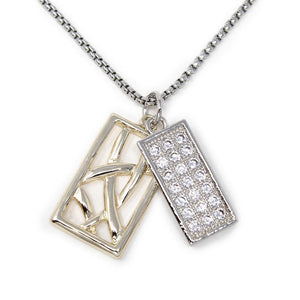 Two Tone Necklace with Double Pave Pendant - Mimmic Fashion Jewelry