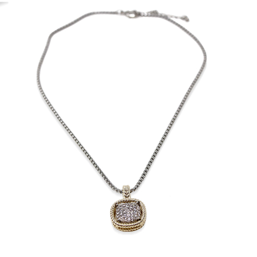 Two Tone Necklace with Soft Square Pave Pendant - Mimmic Fashion Jewelry
