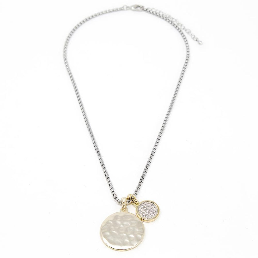 Two Tone Pave Hammered Disc Pendant Necklace - Mimmic Fashion Jewelry