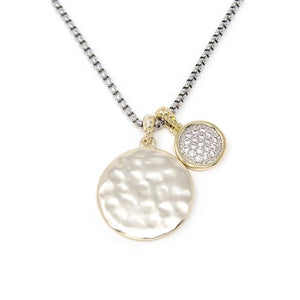Two Tone Pave Hammered Disc Pendant Necklace - Mimmic Fashion Jewelry