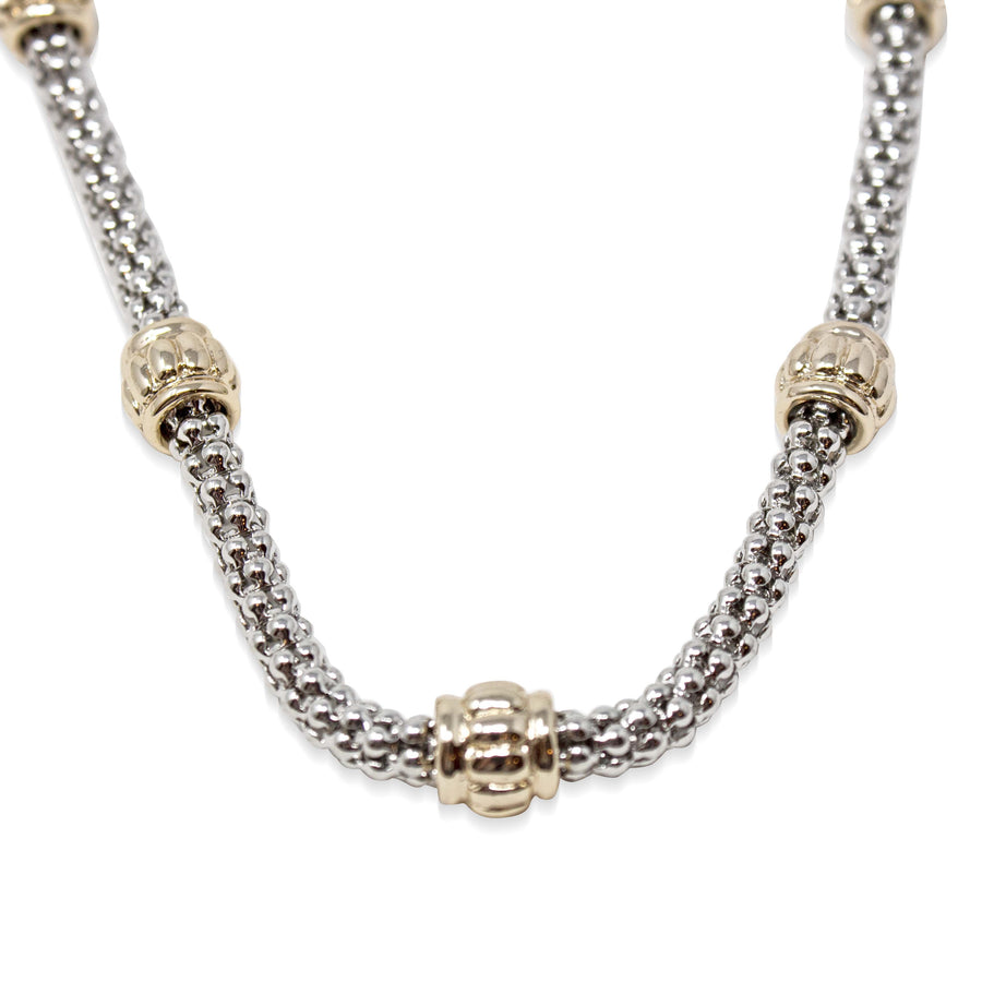 Two Tone Popcorn Chain Necklace Three Gold Tone Station - Mimmic Fashion Jewelry