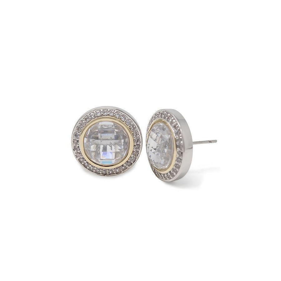 2Tone Round Faceted Clear CZ Stud Earrings - Mimmic Fashion Jewelry