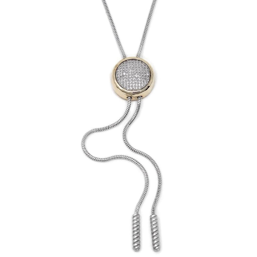 Two Tone Sliding Necklace Hammered Pave Station - Mimmic Fashion Jewelry