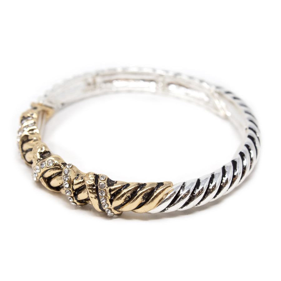 Two Tone Striped Stretch Bracelet Gold Toned Crystal Station - Mimmic Fashion Jewelry