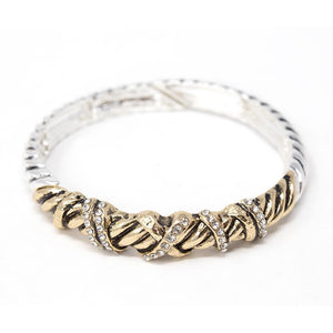Two Tone Striped Stretch Bracelet Gold Toned Crystal Station - Mimmic Fashion Jewelry