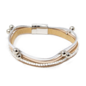 3Row Glass and Bead Leather Bracelet Two Tone - Mimmic Fashion Jewelry