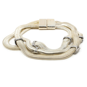 Two Tone Three Row Snake Chain Bracelet Pave Station - Mimmic Fashion Jewelry