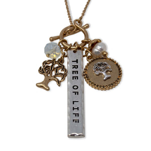 Two Tone Tree of Life Pearl Charm Neck - Mimmic Fashion Jewelry