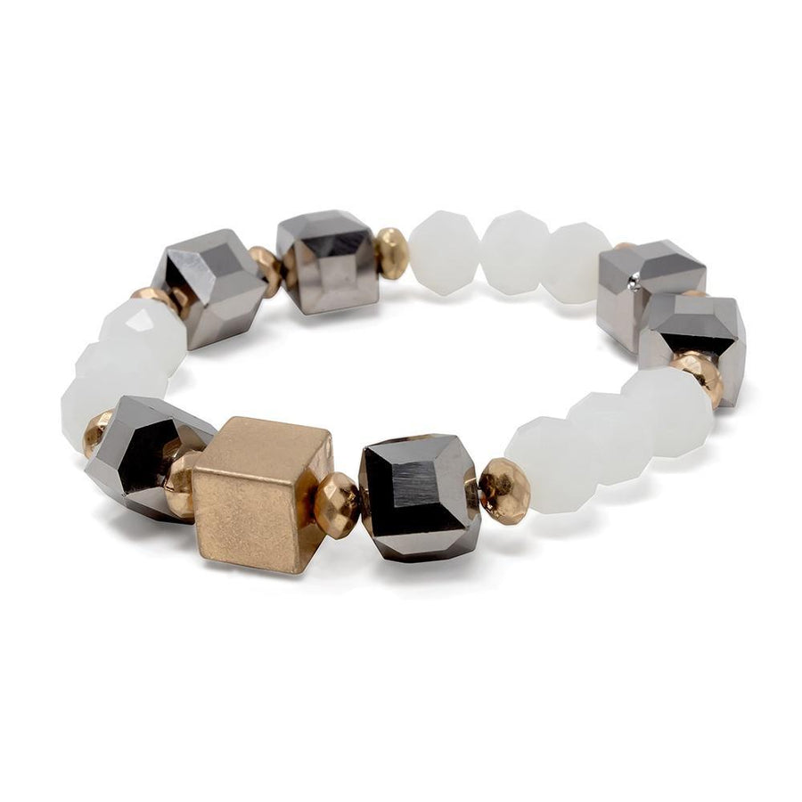 White Glass Beaded Stretch Bracelet W GoldT Cube - Mimmic Fashion Jewelry