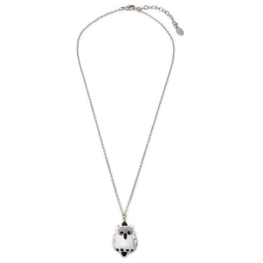 White Glass Owl Pendant Necklace Silver Tone - Mimmic Fashion Jewelry