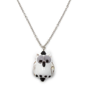White Glass Owl Pendant Necklace Silver Tone - Mimmic Fashion Jewelry