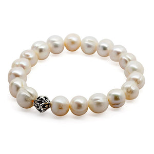 White Pearl Stretch Bracelet W 925 Sterling Silver Bead - Mimmic Fashion Jewelry