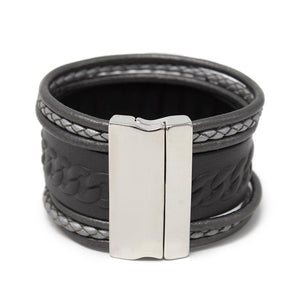 Wide Dark Grey Leather Bracelet Silver Metal - Mimmic Fashion Jewelry