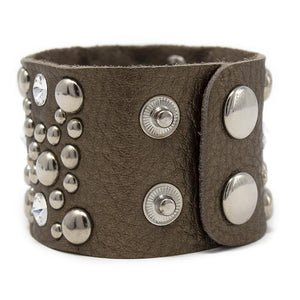 Wide Leather Bracelet CZ and Rivets Moss Green - Mimmic Fashion Jewelry