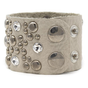 Wide Leather Bracelet CZ and Rivets White - Mimmic Fashion Jewelry