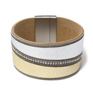 Wide Leather Bracelet Gold Silver Diagonal Look - Mimmic Fashion Jewelry