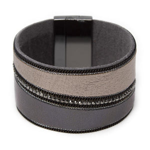 Wide Leather Bracelet Metallic Diagonal Look - Mimmic Fashion Jewelry
