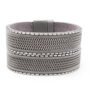 Wide Leather Bracelet with Bar Chain Grey - Mimmic Fashion Jewelry