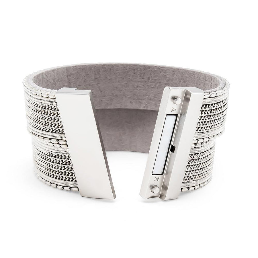 Wide Leather Bracelet With Bar Chain Rhodium - Mimmic Fashion Jewelry