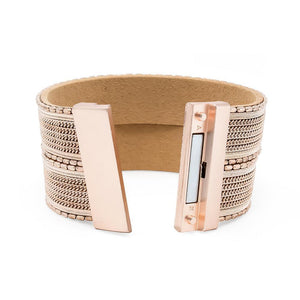 Wide Leather Bracelet With Bar Chain Rose Gold T - Mimmic Fashion Jewelry