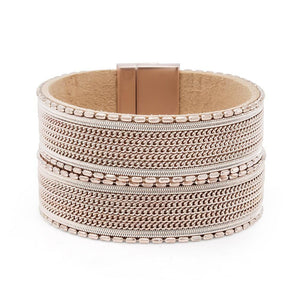 Wide Leather Bracelet With Bar Chain Rose Gold T - Mimmic Fashion Jewelry