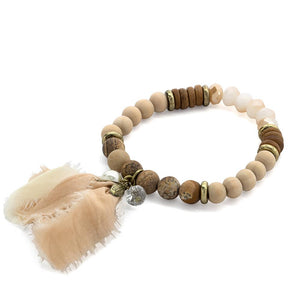 Wood Stone Stretch Bracelet Fabric Tassel Brown - Mimmic Fashion Jewelry