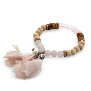 Wood Stone Stretch Bracelet Fabric Tassel Pink - Mimmic Fashion Jewelry